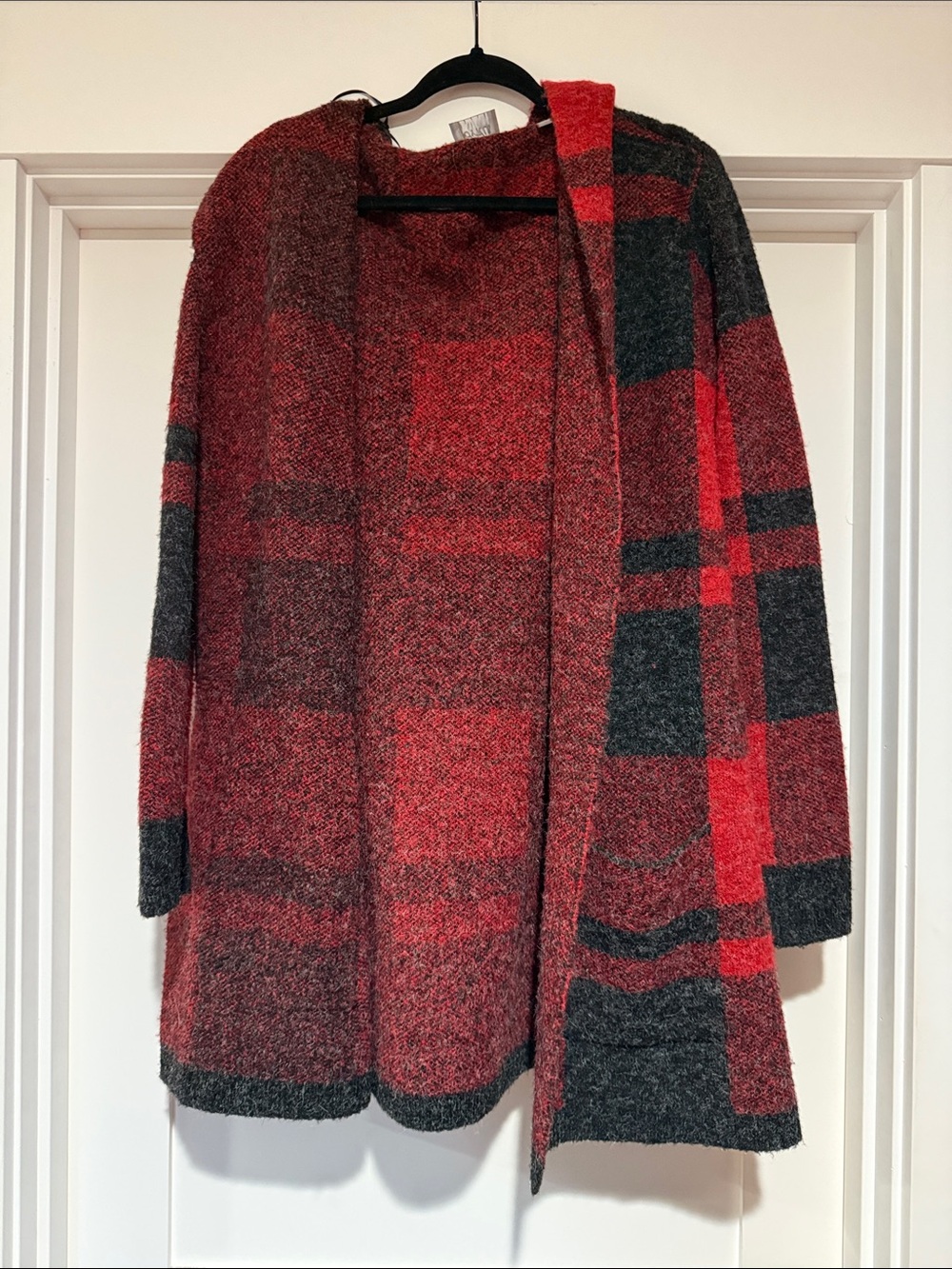 Red Plaid Open-Front Hooded Women's Sweater Cardigan - Picture 2 of 6